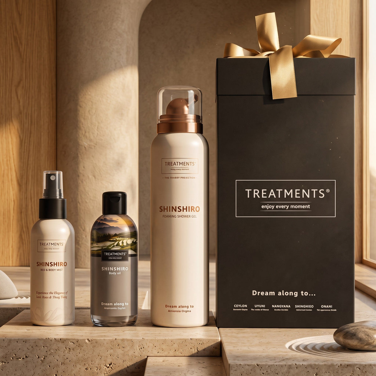 Caja de regalo Shinshiro de TREATMENTS® con gel de ducha, bruma corporal, aceite y jabón de manos