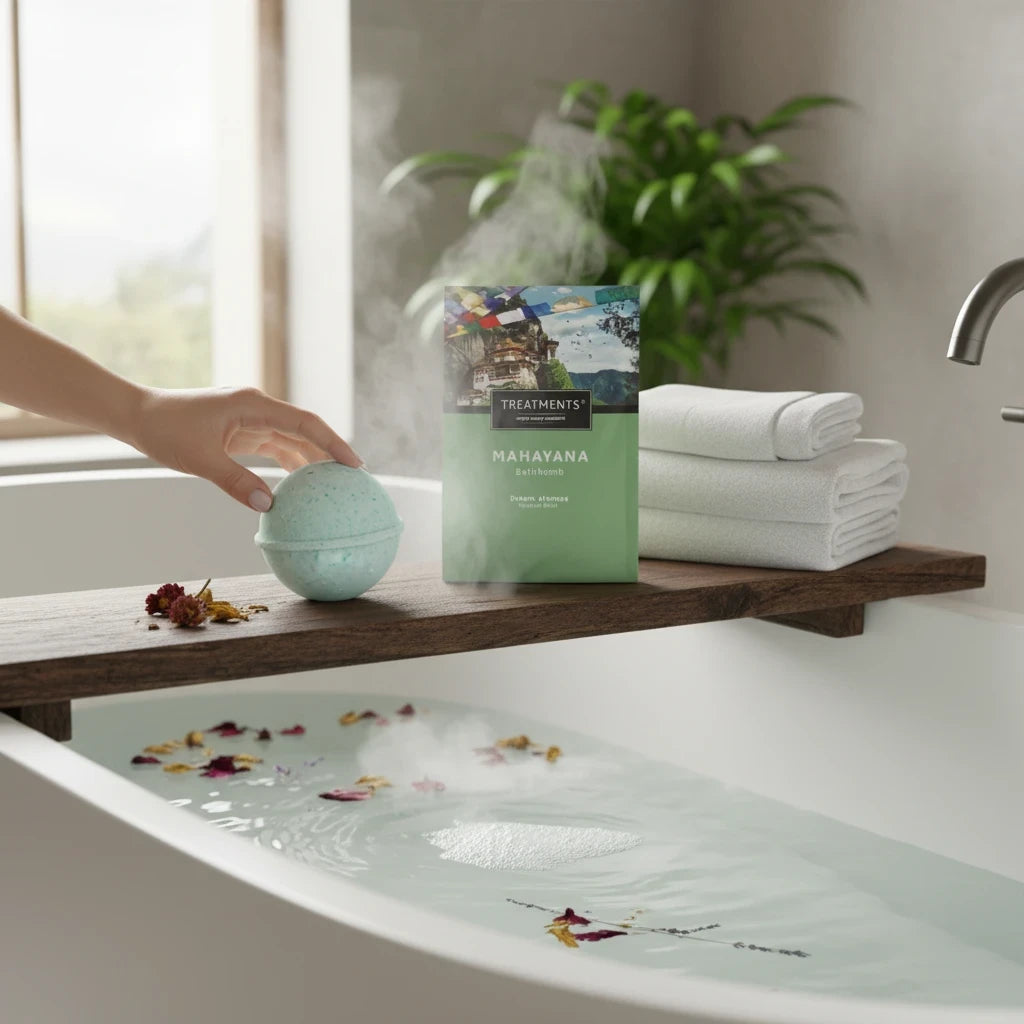 Bomba de Baño Wellness Mahayana de TREATMENTS® – imagen de ambiente en el baño