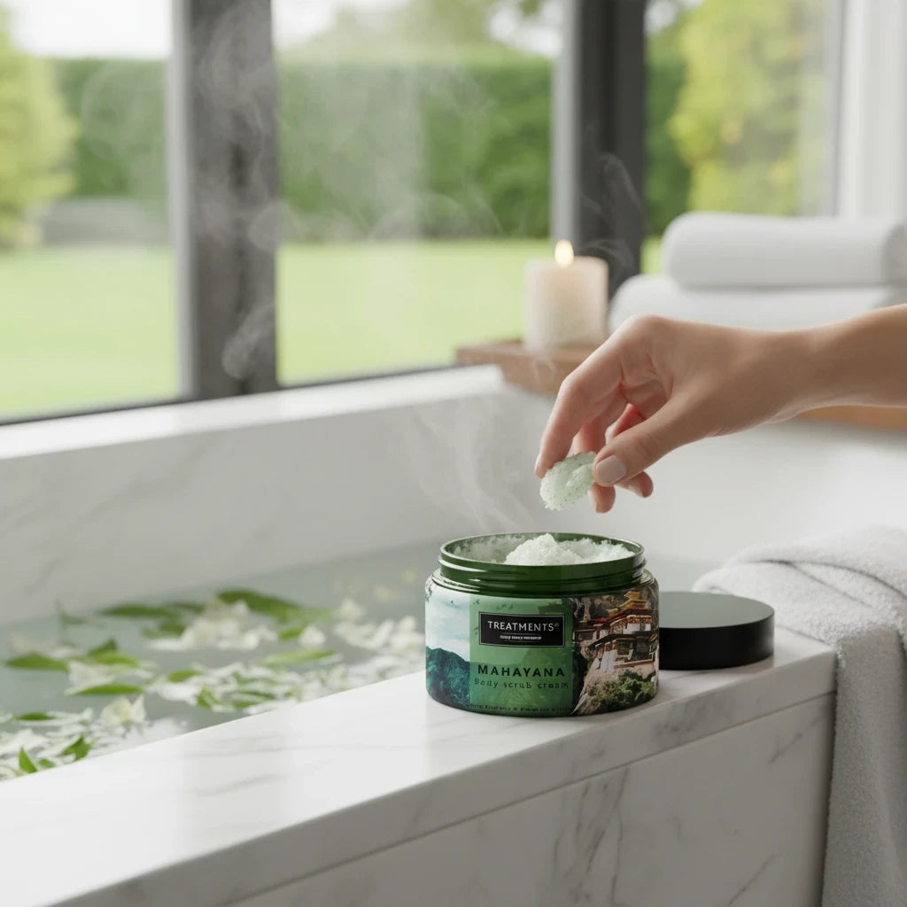 Crema Exfoliante Corporal Mahayana de TREATMENTS® – imagen de ambiente en el baño