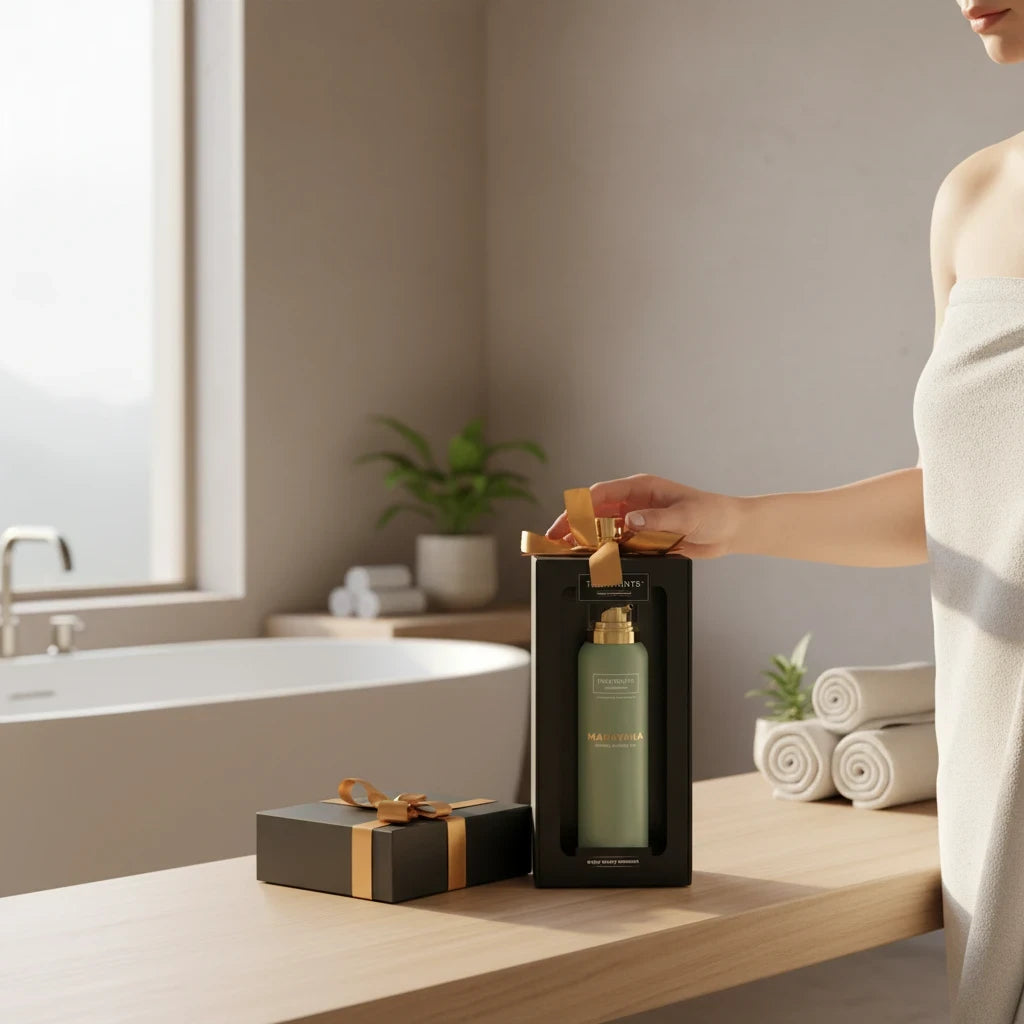 Caja de Regalo Gel de Ducha Espumoso Mahayana de TREATMENTS® – imagen de ambiente en el baño