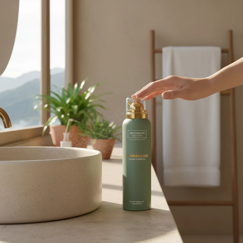 Gel de Ducha Espumoso Mahayana de TREATMENTS® – imagen de ambiente en el baño