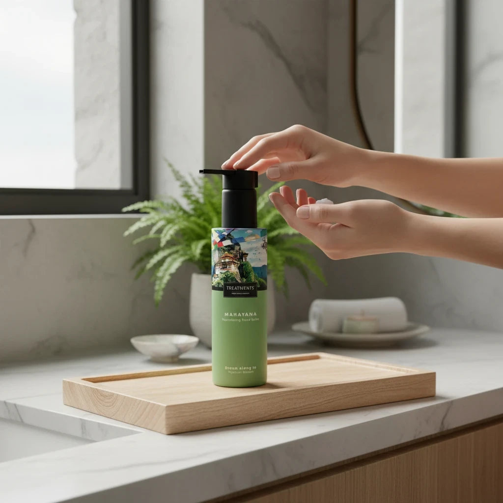 Bálsamo Nutritivo de Manos Mahayana de TREATMENTS® – imagen de ambiente en el baño
