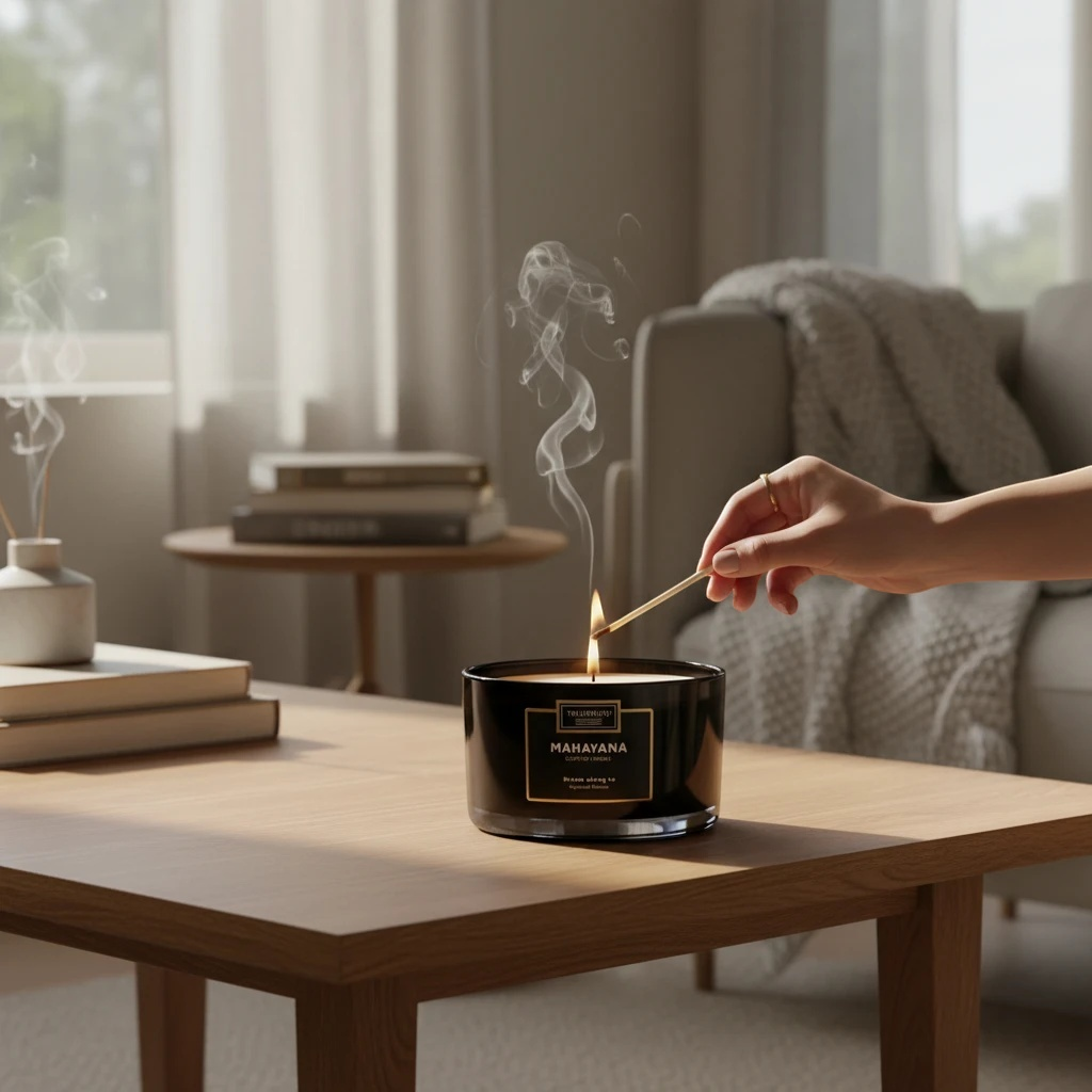 Vela Perfumada XL Mahayana de TREATMENTS® – imagen de ambiente en casa