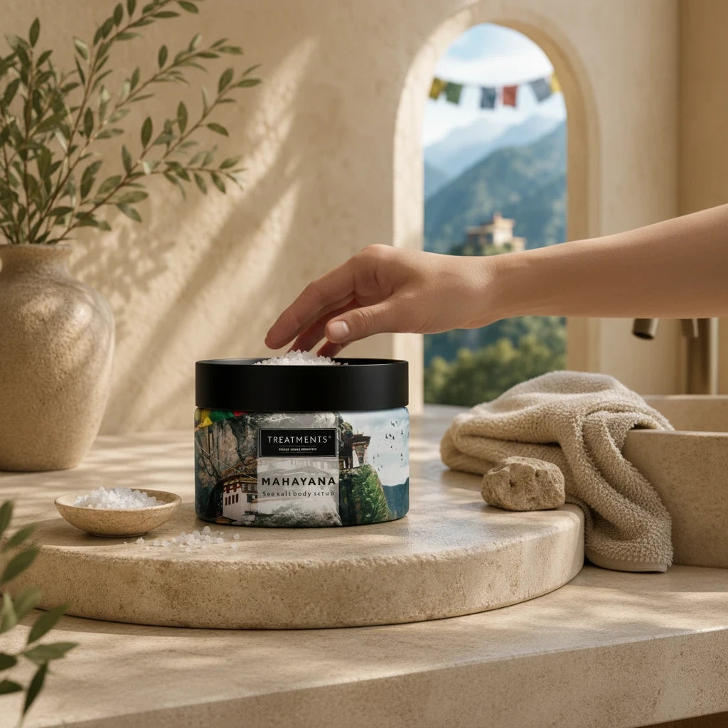 Exfoliante Corporal de Sal Marina Mahayana de TREATMENTS® – imagen de ambiente en uso