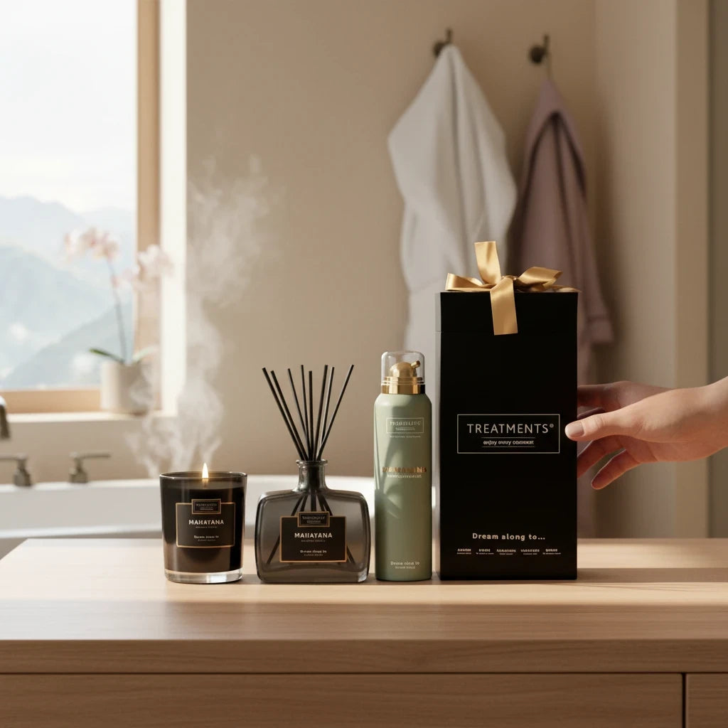 Caja de Regalo Hogar y Cuerpo Mahayana de TREATMENTS® – imagen de ambiente en el baño