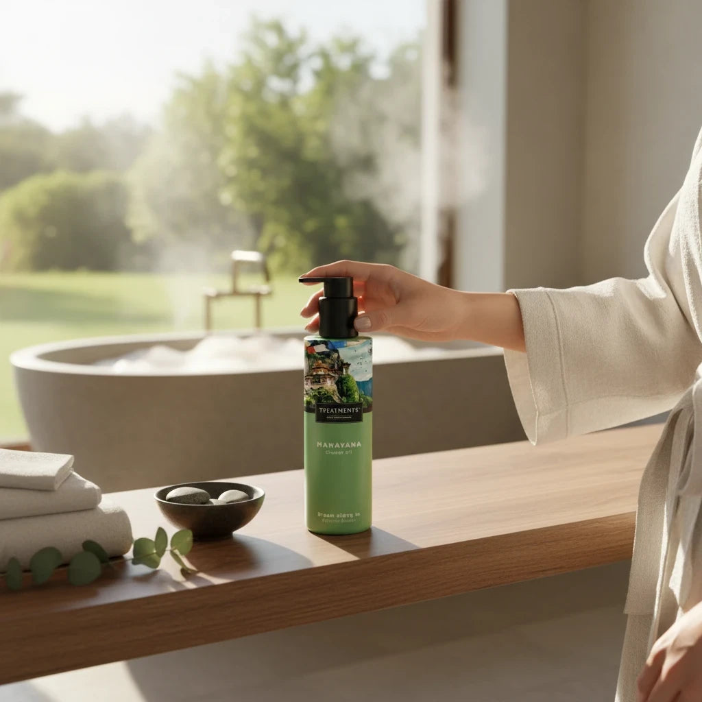 Aceite de Ducha Mahayana de TREATMENTS® – imagen de ambiente en el baño