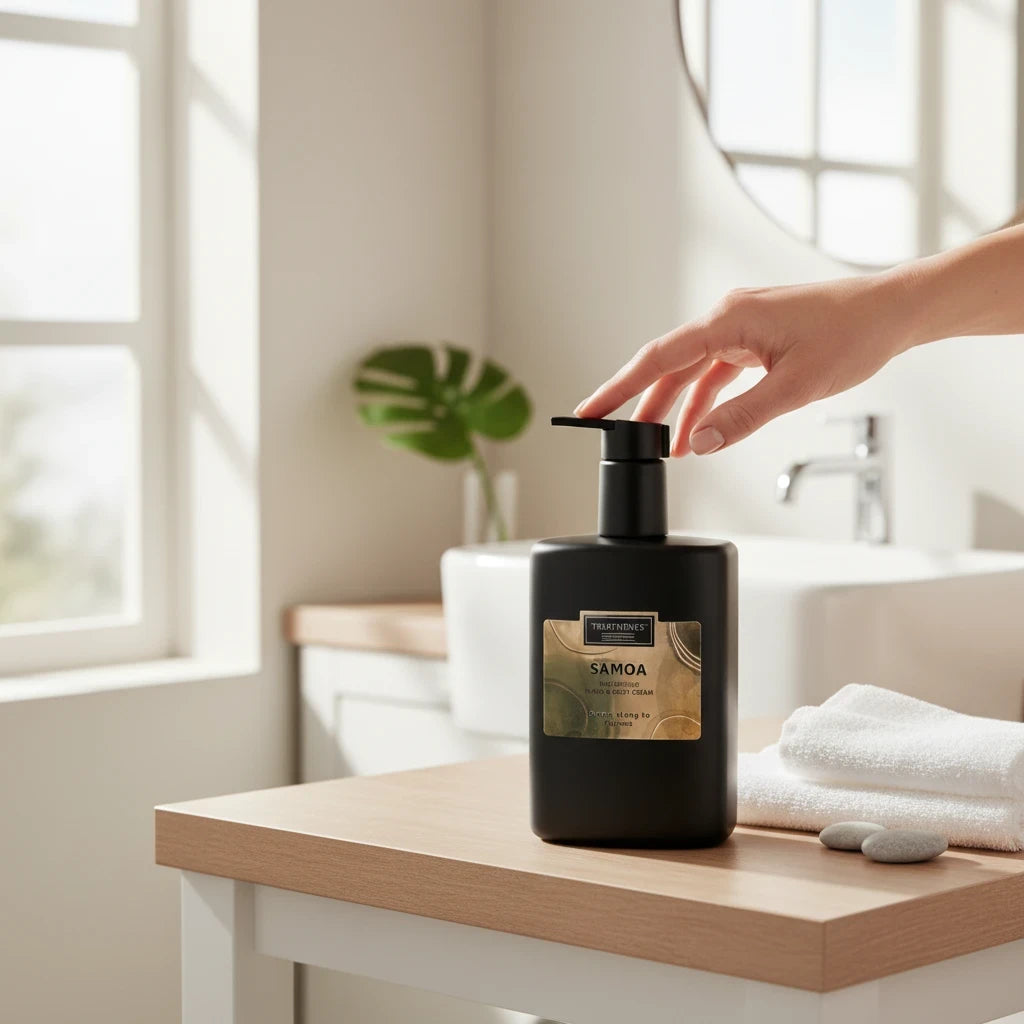 Crema Nutritiva de Manos y Cuerpo Samoa de TREATMENTS® – imagen de ambiente en el baño