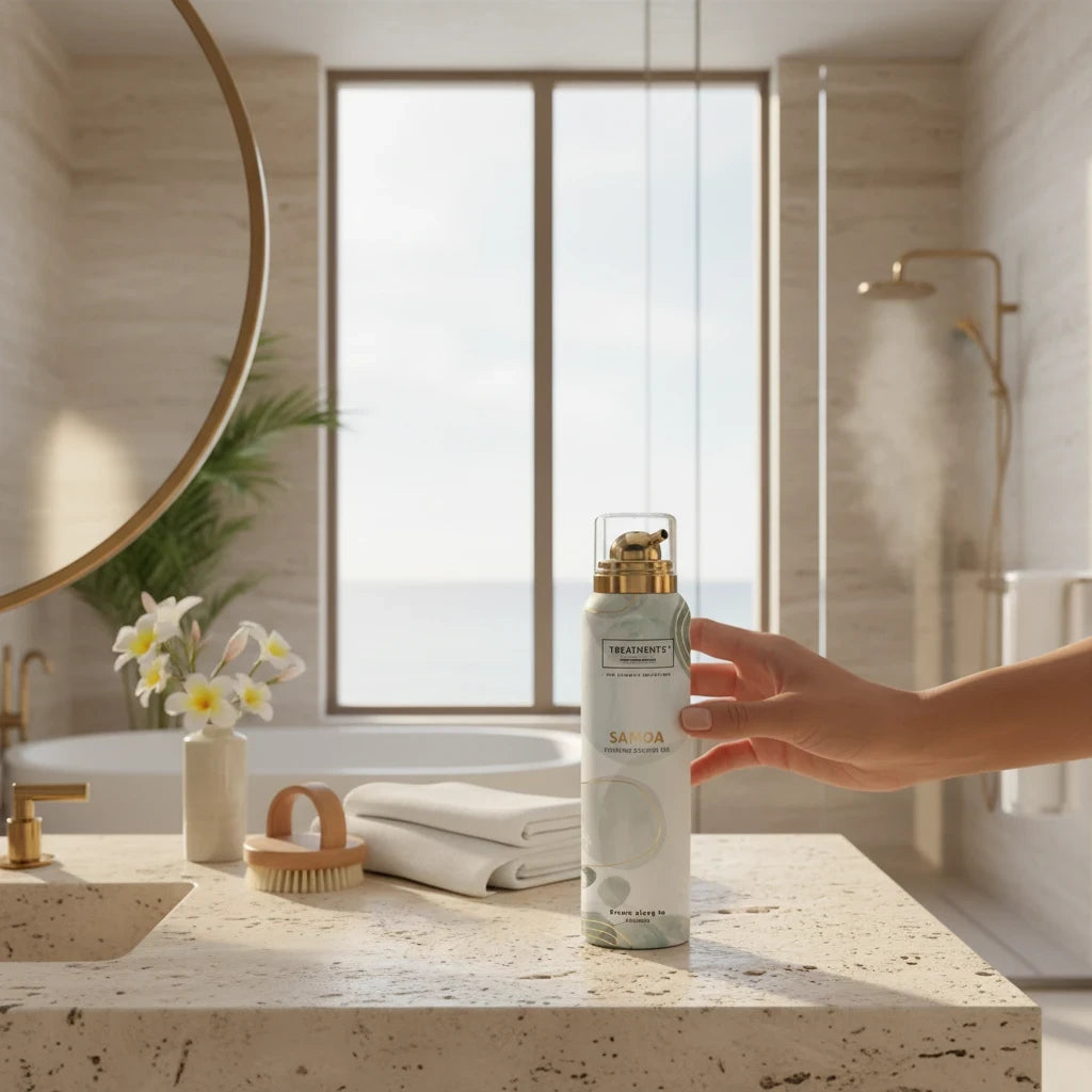 Gel de Ducha Espumoso Samoa de TREATMENTS® – imagen de ambiente en el baño