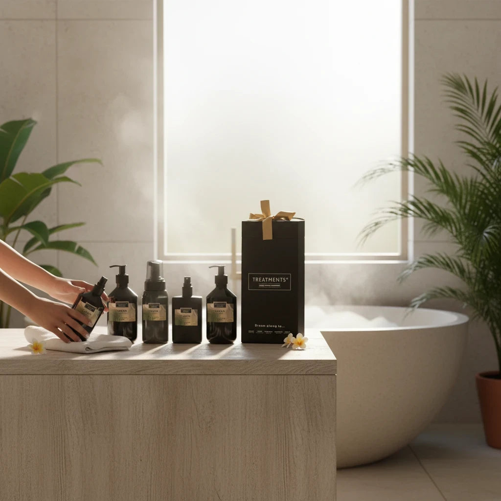 Caja de Regalo Cabello y Cuerpo Deluxe Samoa de TREATMENTS® – imagen de ambiente en el baño