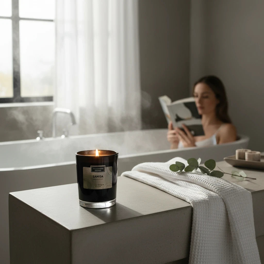 Caja de Regalo Espuma de Ducha y Vela Samoa de TREATMENTS® – imagen de ambiente en el baño