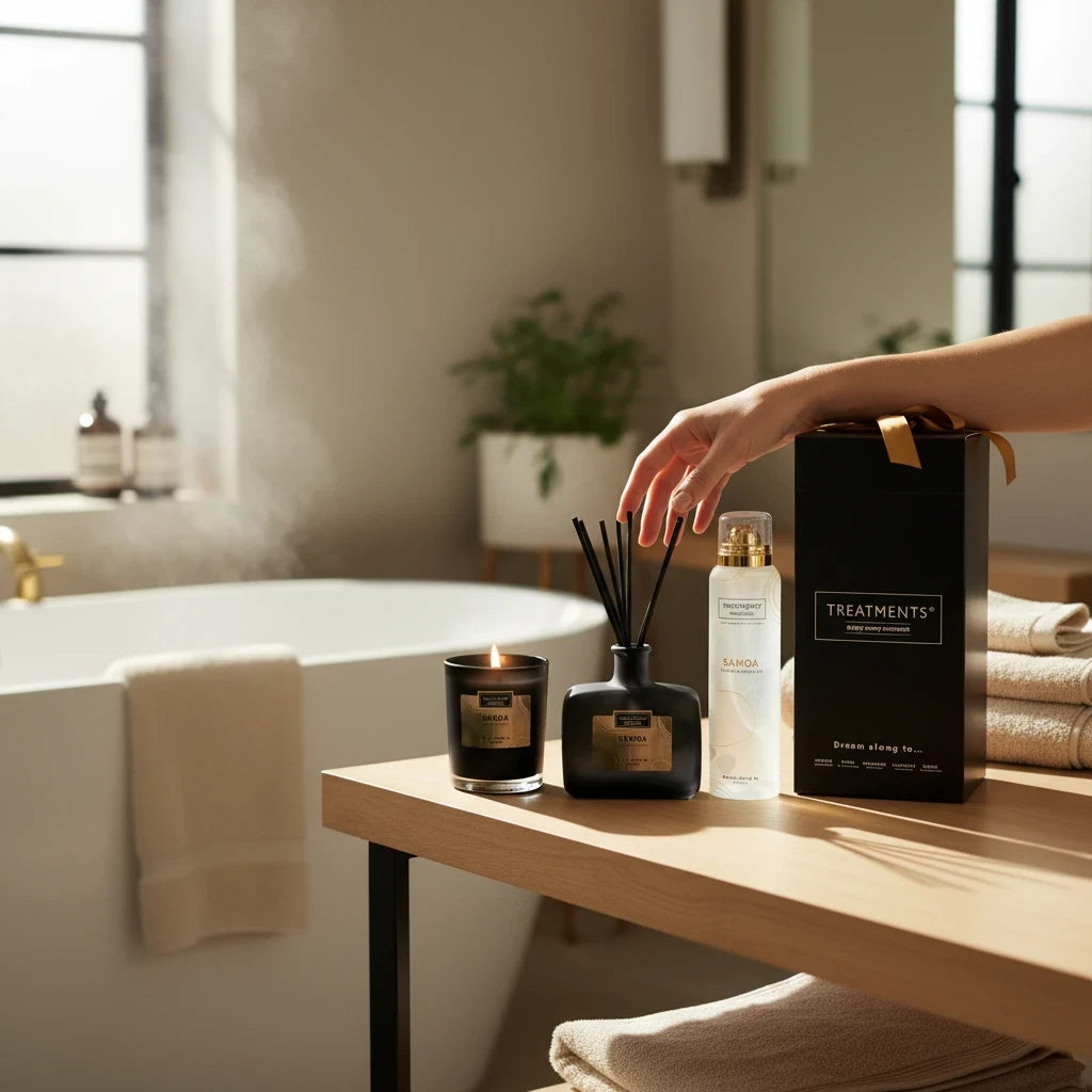 Caja de Regalo Hogar y Cuerpo Deluxe Samoa de TREATMENTS® – imagen de ambiente en el baño