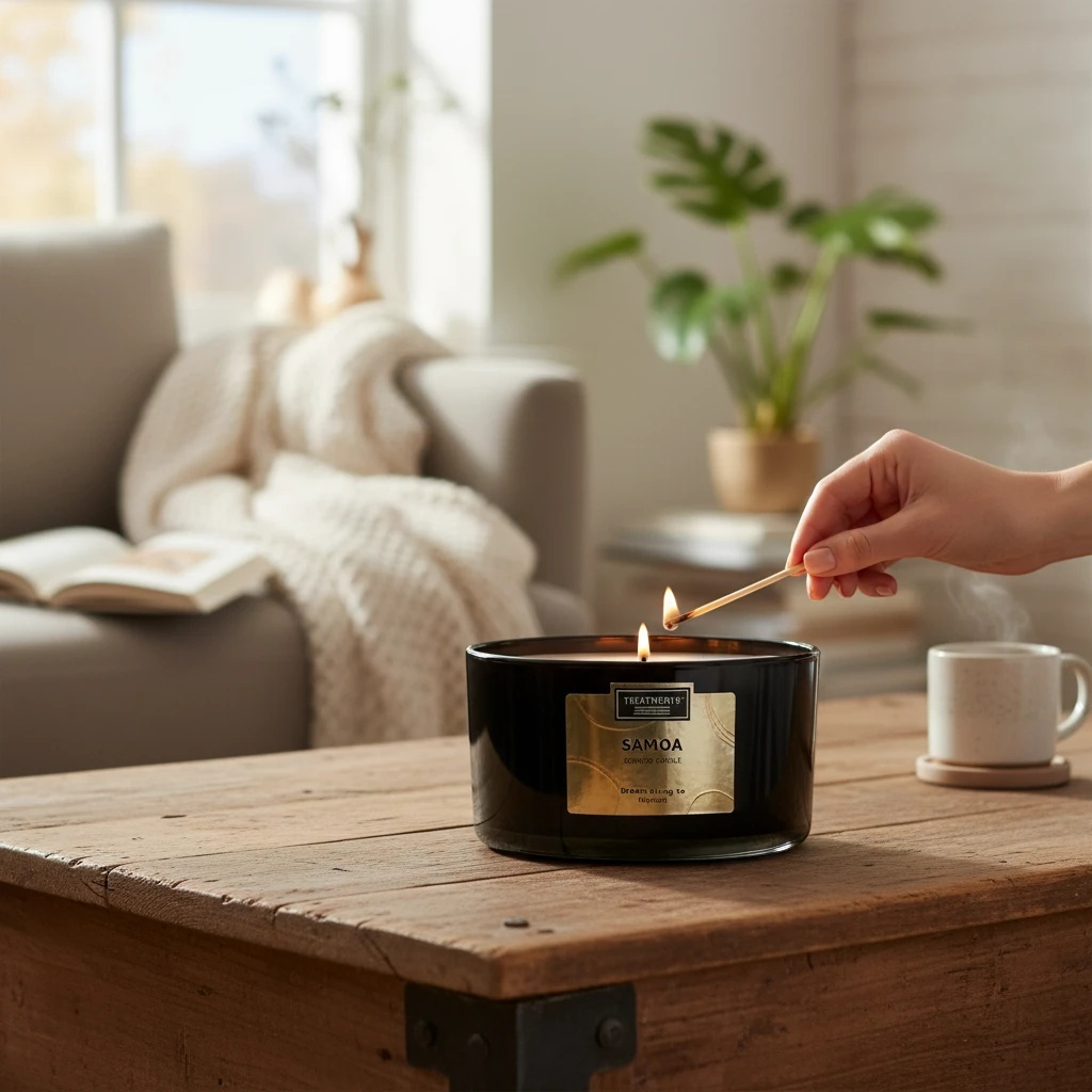 Vela Perfumada XL Samoa de TREATMENTS® – imagen de ambiente en casa