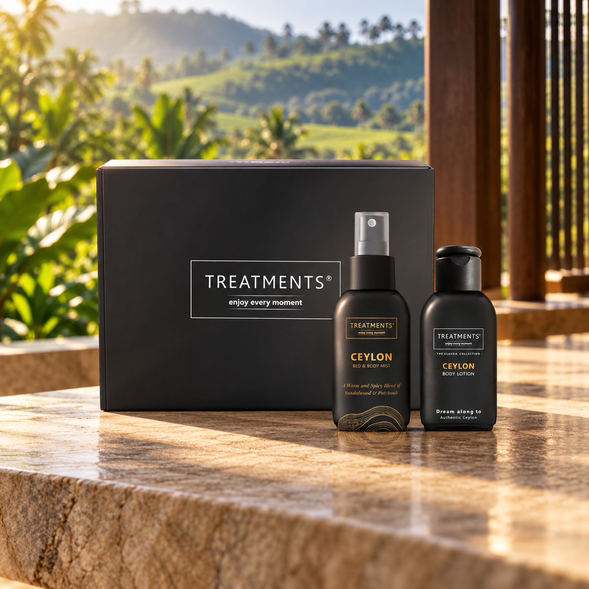 Caja de Regalo Cuerpo y Fragancia formato buzón Ceylon de TREATMENTS® – ambiente inspirado en Sri Lanka