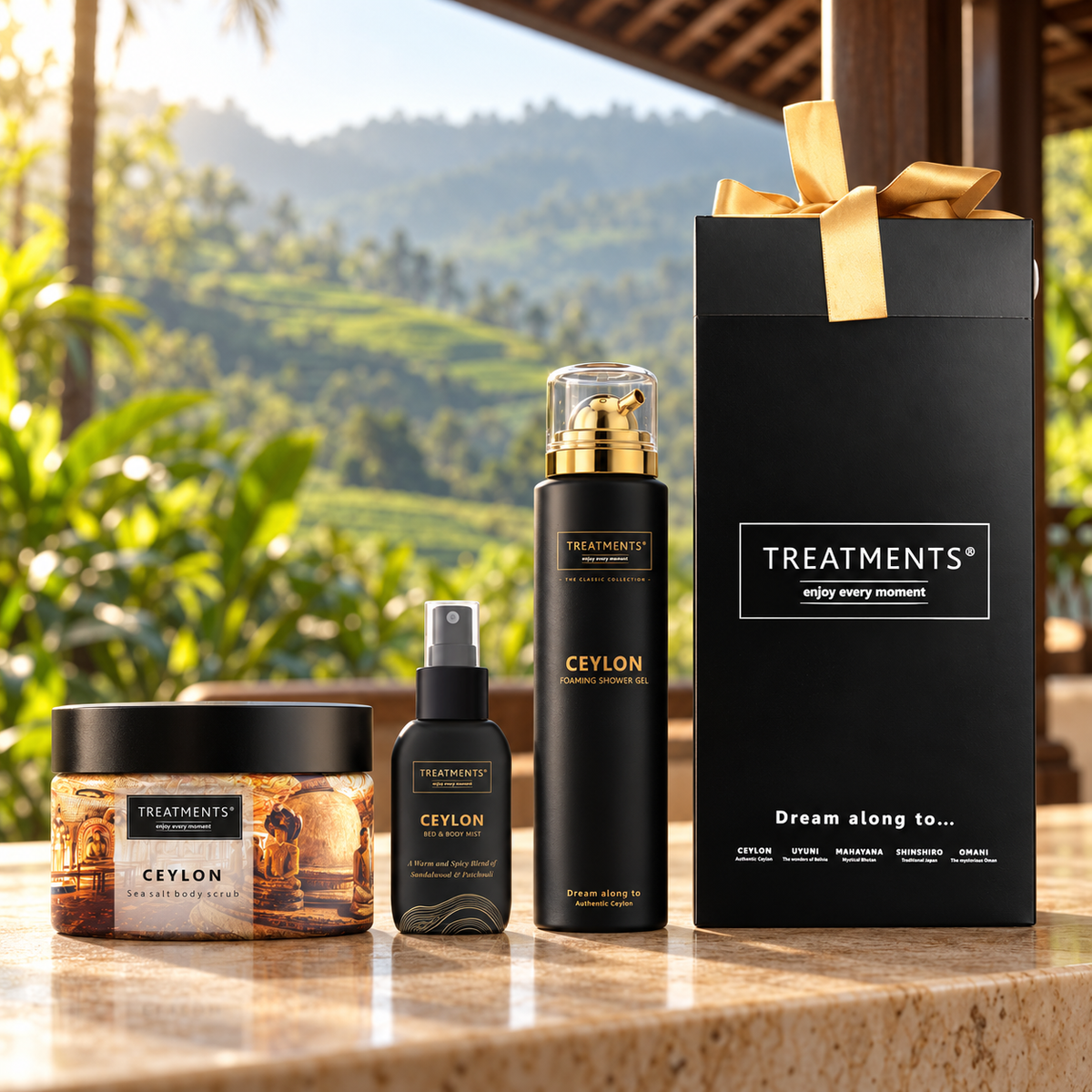 Caja de Regalo Cuerpo y Exfoliante Ceylon de TREATMENTS® – ambiente inspirado en Sri Lanka