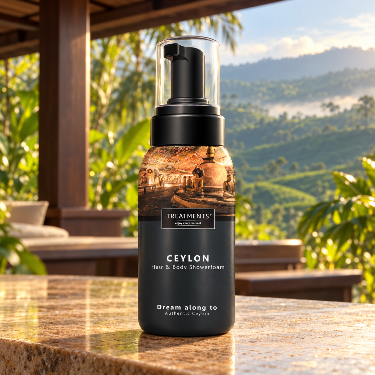 Espuma de Ducha Cabello y Cuerpo Ceylon de TREATMENTS® – ambiente inspirado en Sri Lanka