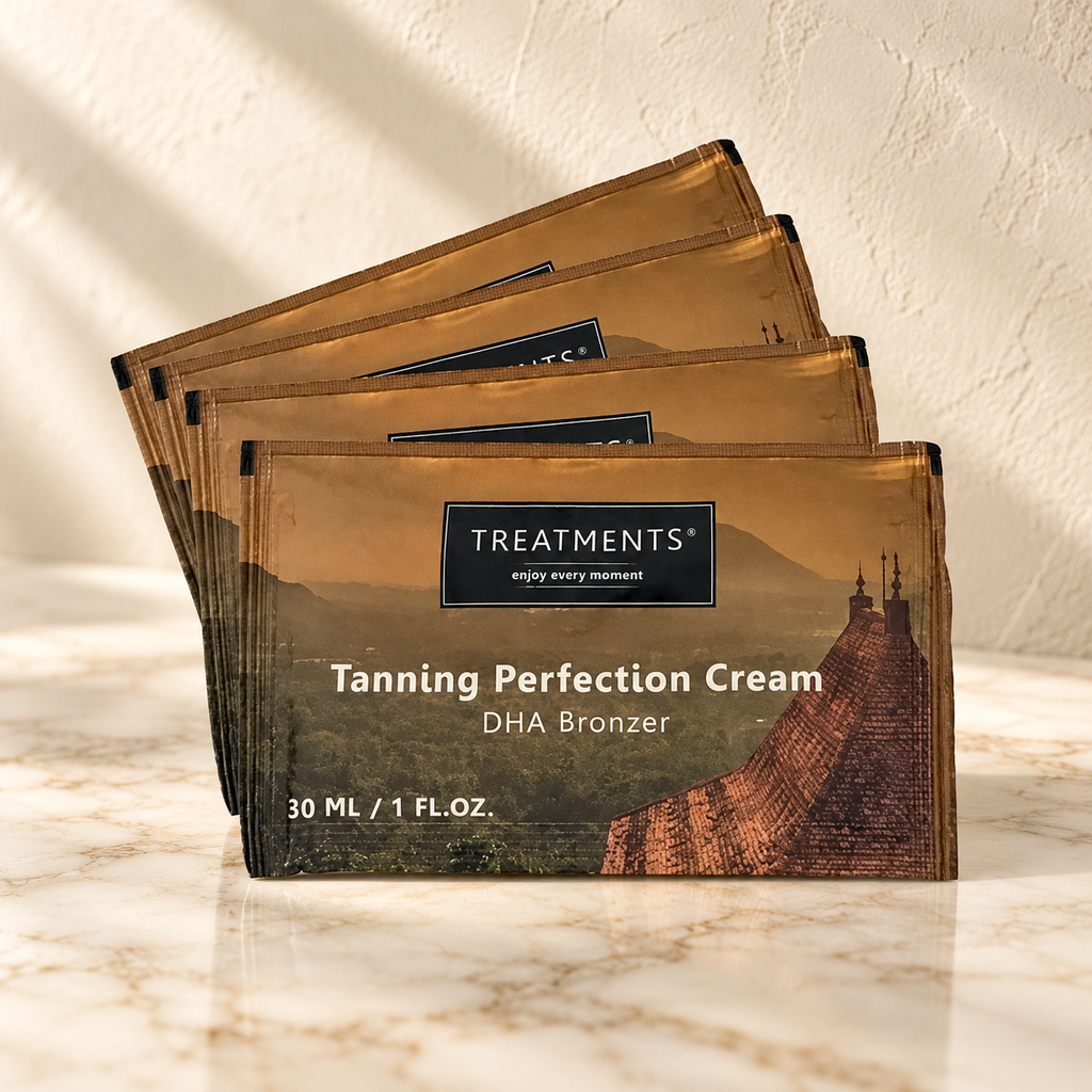 Treatments® - Crema Autobronceadora Perfecta - 4 uds - Sachet 20 ml — presentación sobre mármol