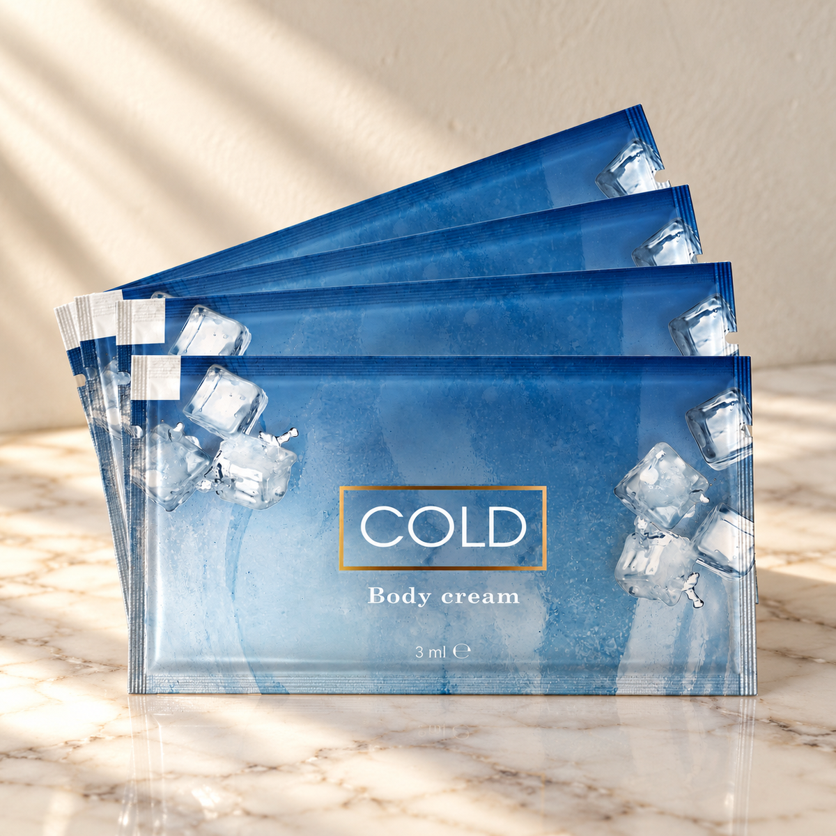 Treatments® - Crema Corporal Fría - 4 uds - Sachet 20 ml — presentación sobre mármol