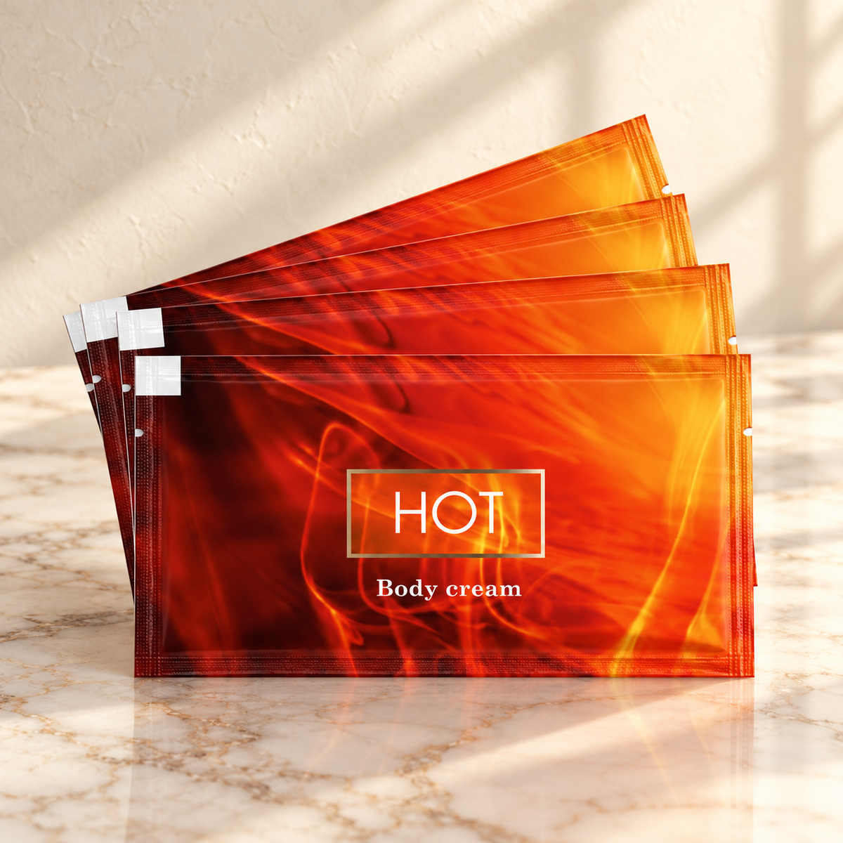 Treatments® - Crema Corporal Caliente - 4 uds - Sachet 20 ml — presentación sobre mármol